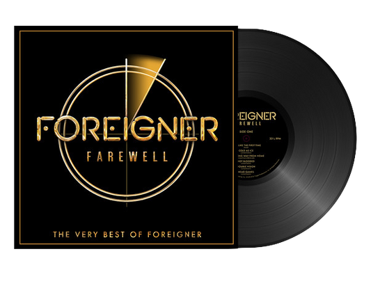 A black vinyl record titled 'FOREIGNER FAREWELL - THE VERY BEST OF FOREIGNER' with a gold and black color scheme design on the cover.