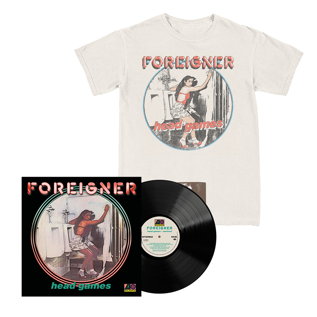 A white graphic T-shirt and a black vinyl record set for the band Foreigner, featuring the album cover art and a circular 'head games' graphic on the shirt and record label.