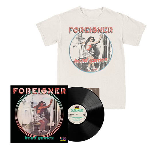 A white graphic T-shirt and a black vinyl record set for the band Foreigner, featuring the album cover art and a circular 'head games' graphic on the shirt and record label.
