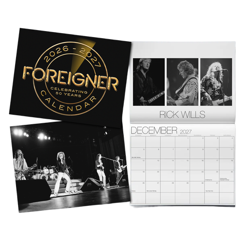 Foreigner calendar with band members and a December 2027 page.
