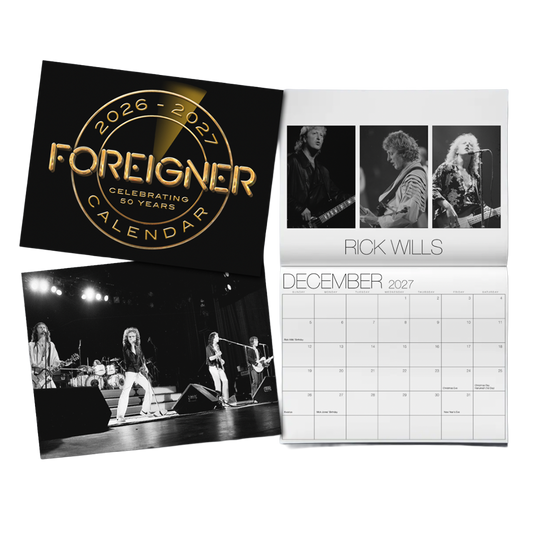 Foreigner calendar with band members and a December 2027 page.