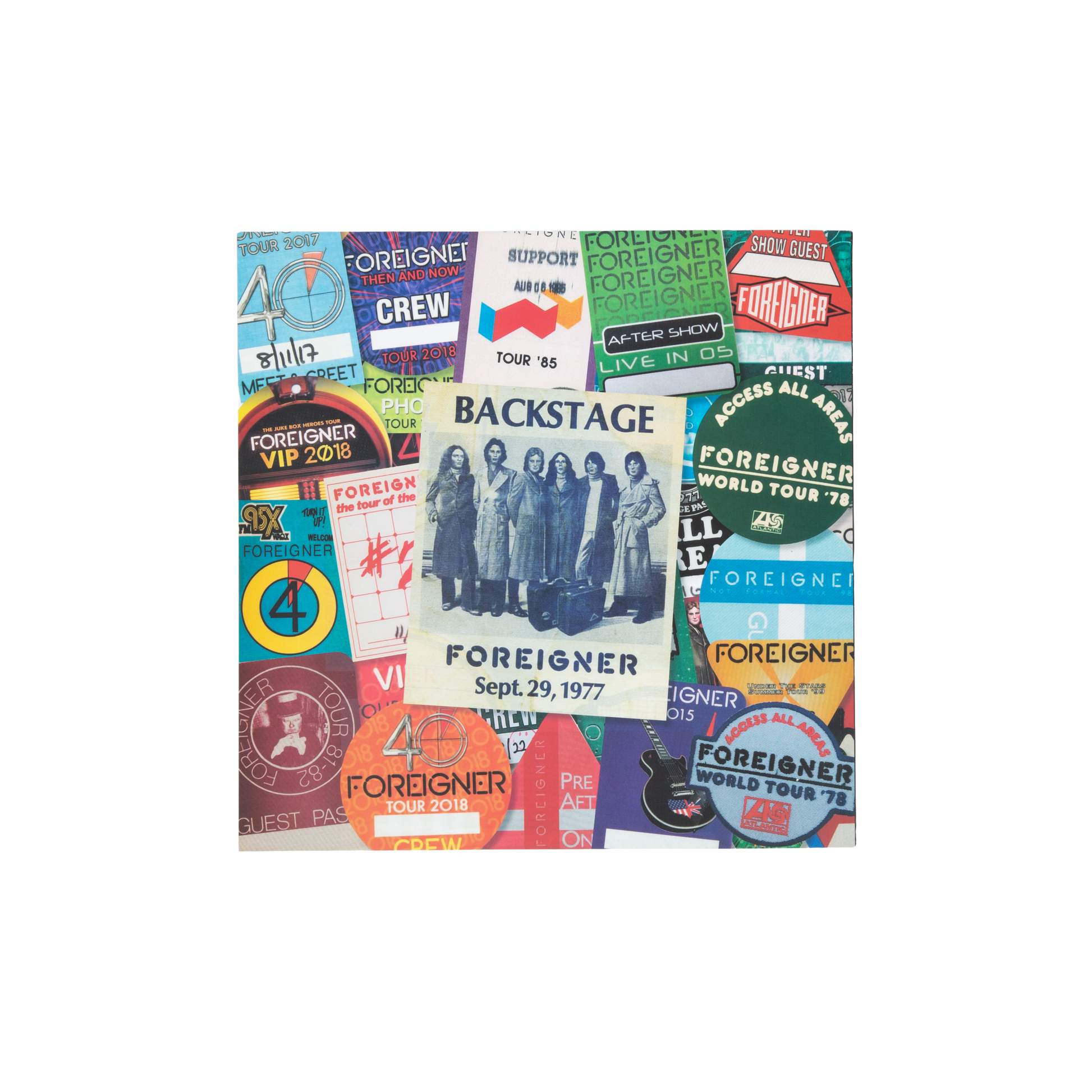 A square wall art print featuring a collage of colorful Foreigner concert tour stickers and signs, with a central vintage band photo and the text 'BACKSTAGE Foreigner Sept. 29, 1977'.