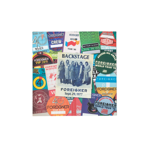 A square wall art print featuring a collage of colorful Foreigner concert tour stickers and signs, with a central vintage band photo and the text 'BACKSTAGE Foreigner Sept. 29, 1977'.