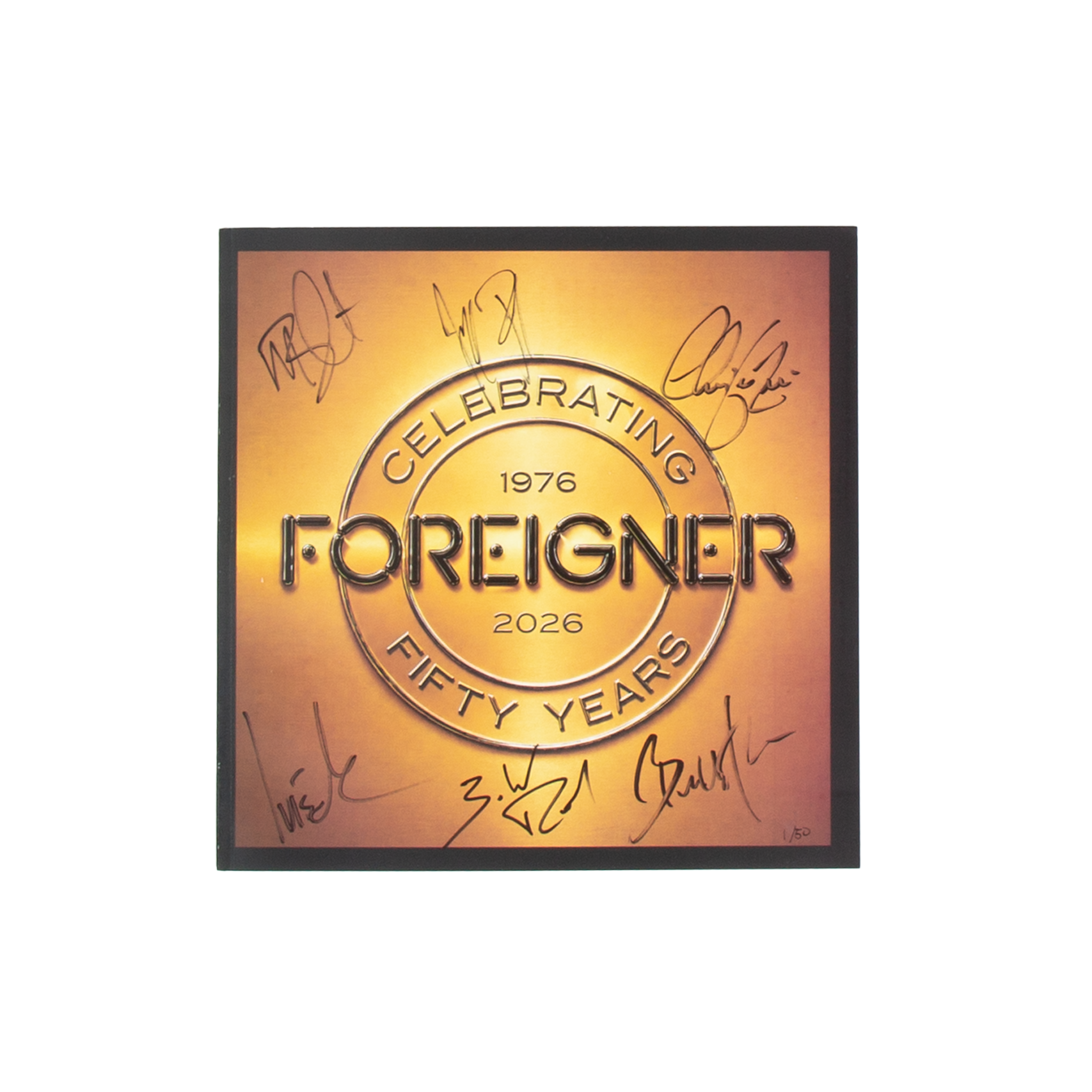 Front of Foreigner's 50th Anniversary Tour Book that reads'Celebrating 50 Years' and is signed by the all the members on a gold-to-orange gradient center 