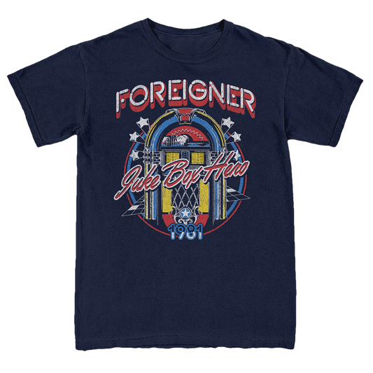 A navy-colored t-shirt featuring a graphic print of a jukebox and the text 'FOREIGNER Juke Box Hero 1981'.