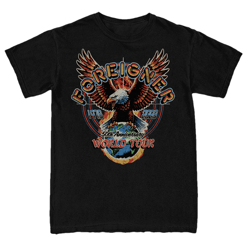 Black t-shirt with an eagle graphic and 'Foreigner' text on a white background