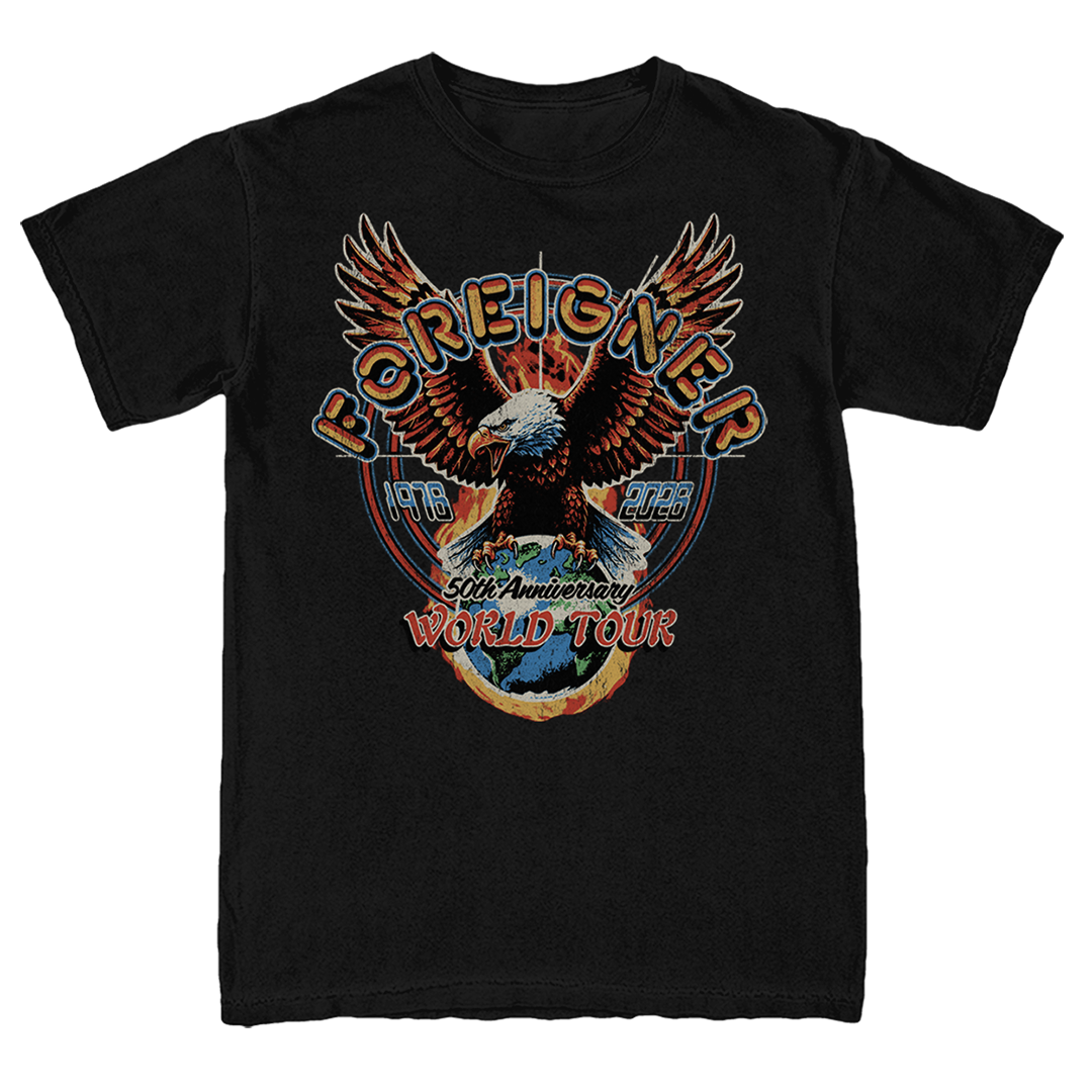 Black t-shirt with an eagle graphic and 'Foreigner' text on a white background
