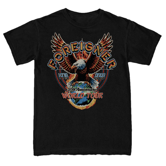 Black t-shirt with an eagle graphic and 'Foreigner' text on a white background