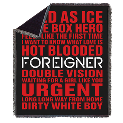 Black blanket with red and white text on a white background