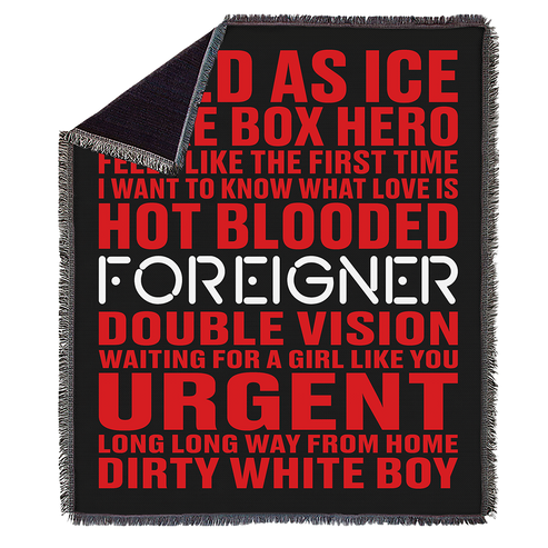 Black blanket with red and white text on a white background