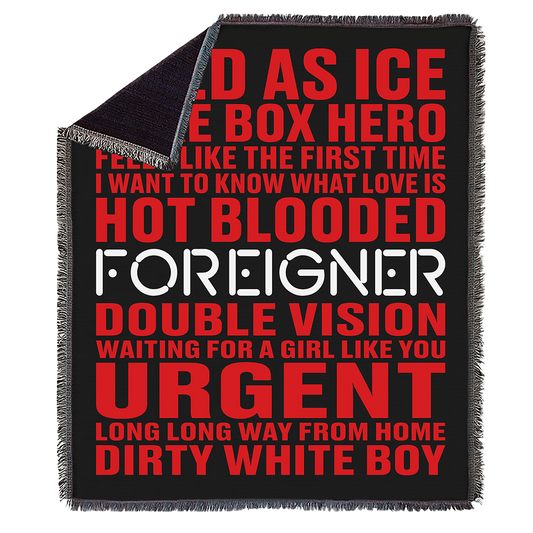 Black blanket with red and white text on a white background