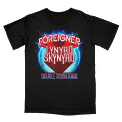 Black t-shirt with 'Foreigner Lynyrd Skynyrd Double Trouble Tour' graphic design on a white background