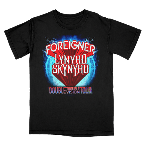 Black t-shirt with 'Foreigner Lynyrd Skynyrd Double Trouble Tour' graphic design on a white background