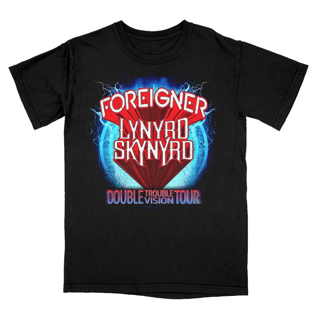 Black t-shirt with 'Foreigner Lynyrd Skynyrd Double Trouble Tour' graphic design on a white background
