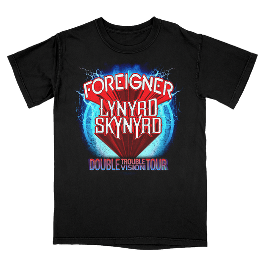 Black t-shirt with 'Foreigner Lynyrd Skynyrd Double Trouble Tour' graphic design on a white background